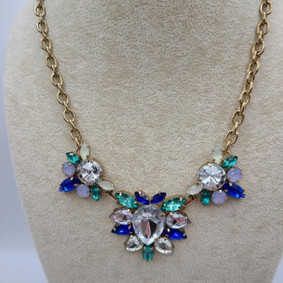 J Crew Blue Clear Crystal Statement Necklace - Picture 1 of 7